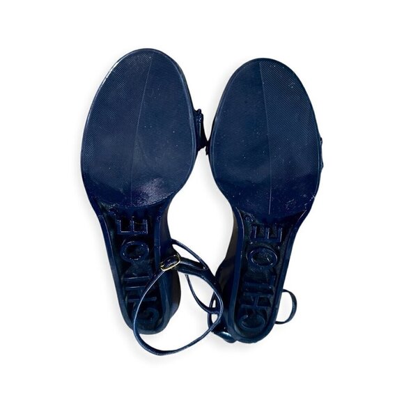 Chloe Rubber Wedge Ankle Strap Patent Sandals. Navy blue, Size 38.5 EU - Picture 7 of 16